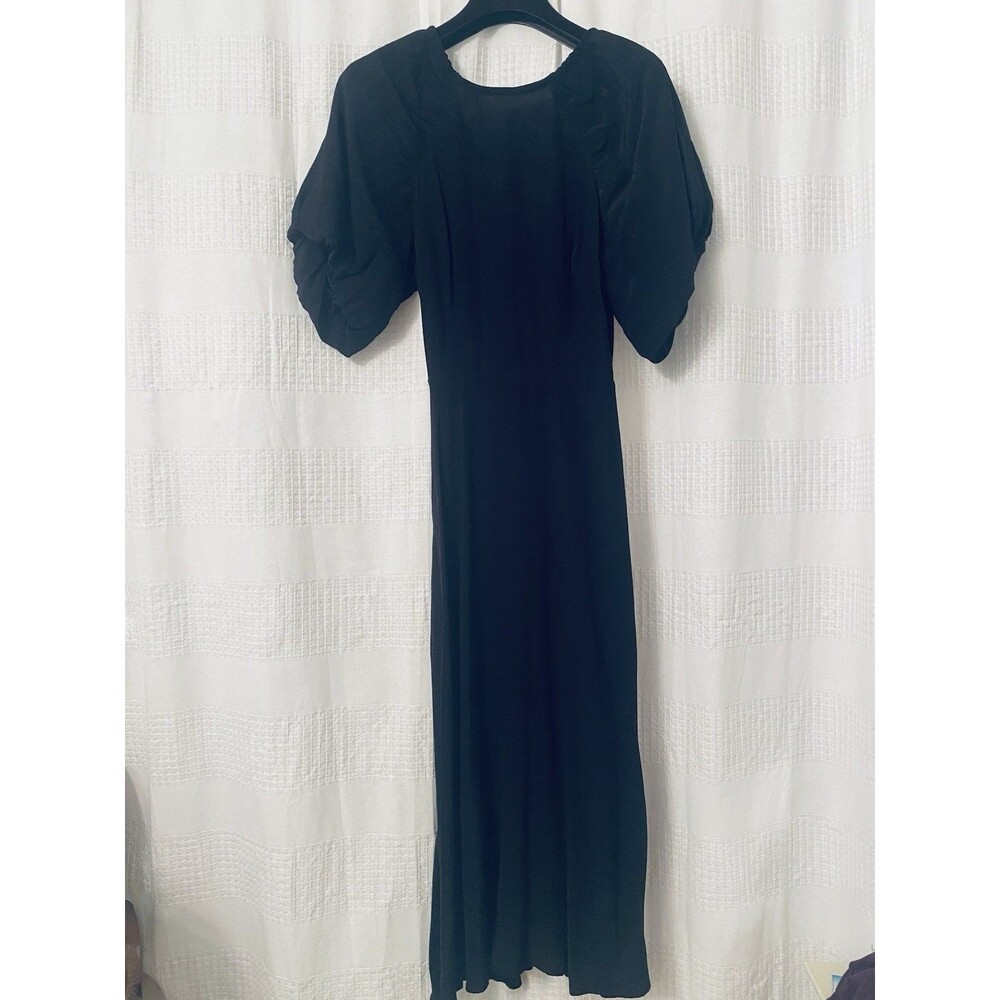 NWT A New Day Black Midi Dress Puff Sleeves Tie Back Pockets Lightweight Sz XS